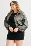 Plus Satin Zip-up Ruched Long Sleeve Cropped Bomber Jacket