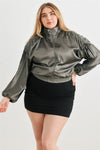 Plus Satin Zip-up Ruched Long Sleeve Cropped Bomber Jacket