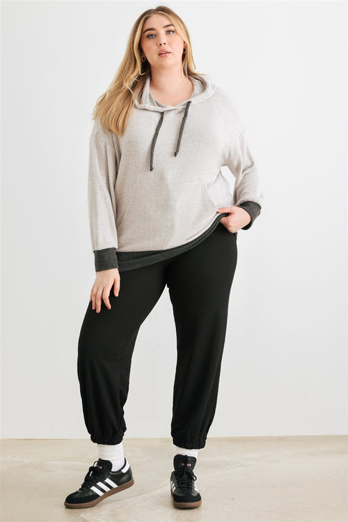 Plus Heather Grey & Charcoal Soft-to-touch One Pocket Hooded Sweater