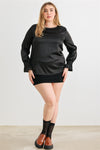 Plus Black Satin Balloon Puff Long Sleeve Top