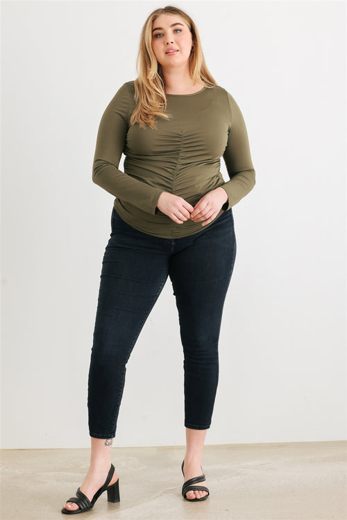 Plus Olive Ruched Long Sleeve Top