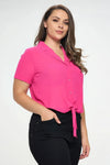 Plus Solid Chiffon Button Down Tie Front Short Sleeve Top