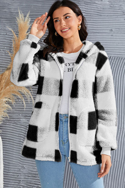 Double Take Full Size Plaid Long Sleeve Hooded Coat