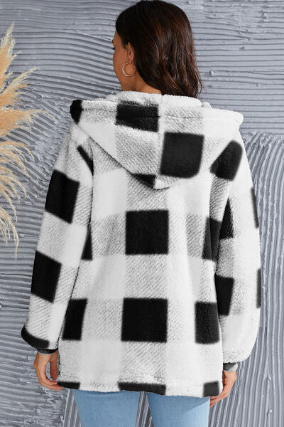 Double Take Full Size Plaid Long Sleeve Hooded Coat